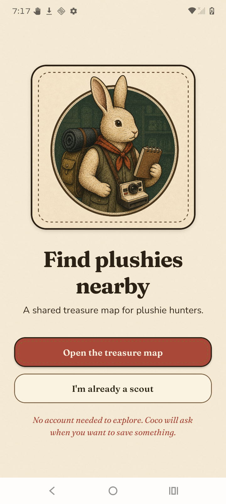 Plushie Scout's real Android welcome screen with Coco and the Open the treasure map button